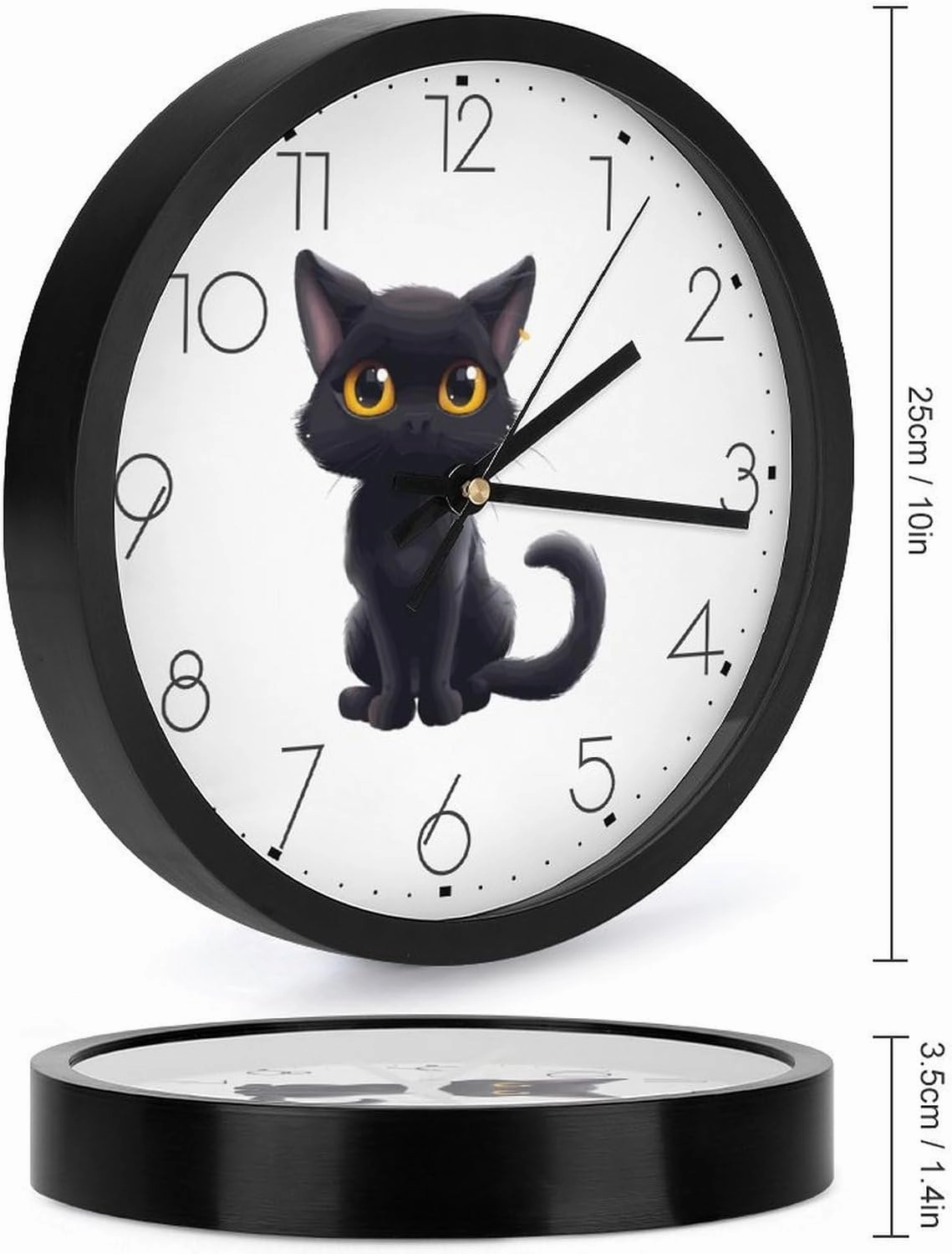 Black Cat Wall Clock 10 Inch Silent Non-ticking Battery Operated Decorative Clock for Kitchen Bedroom