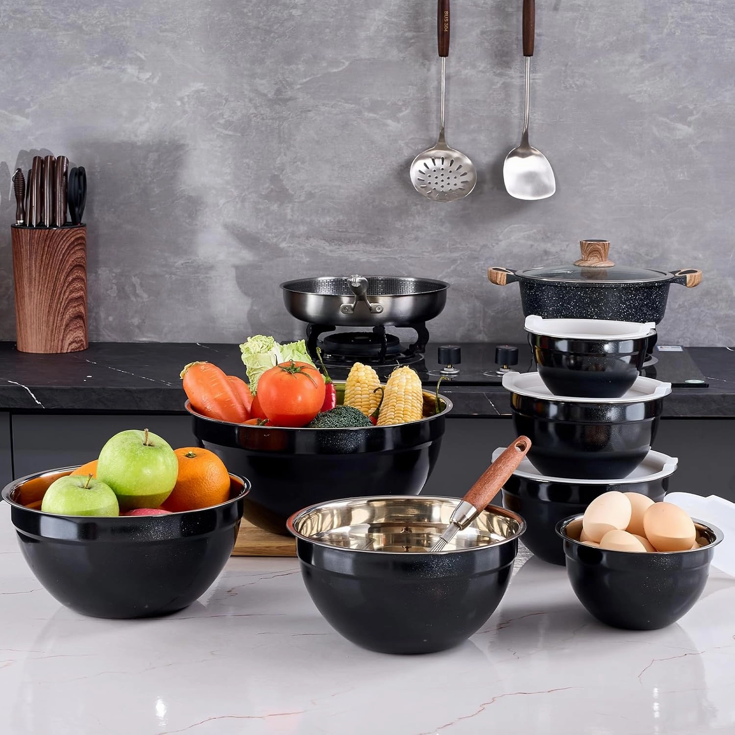 Black Mixing Bowls With Airtight Lids,Stainless Steel Bowl,Salad Bowls 7 Piece Colorful Nesting Bowl Rainbow Kitchen Accessories,Size 7,3.6,2.7,2.1,1.5,1.1,0.8QT Stackable Design