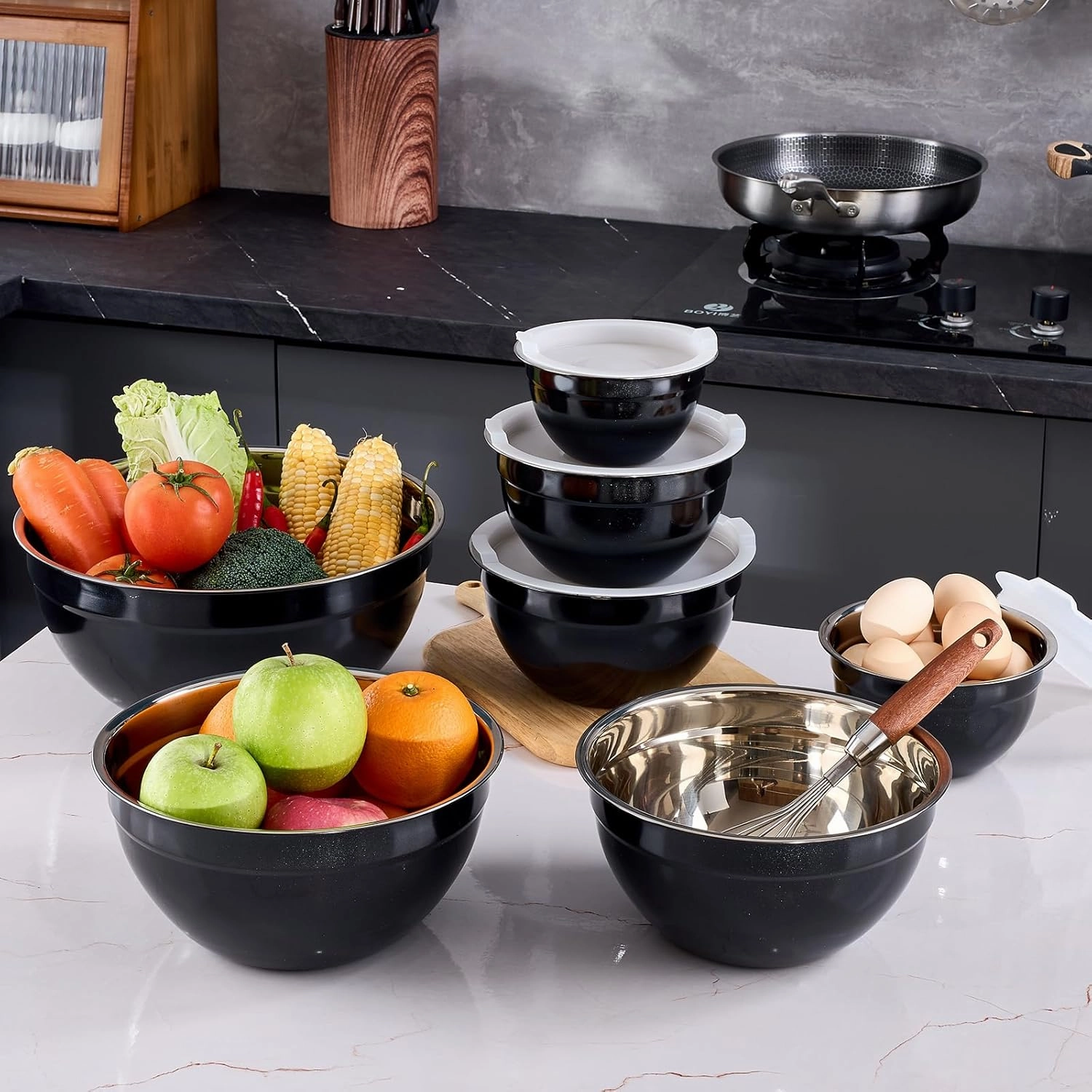 Black Mixing Bowls With Airtight Lids,Stainless Steel Bowl,Salad Bowls 7 Piece Colorful Nesting Bowl Rainbow Kitchen Accessories,Size 7,3.6,2.7,2.1,1.5,1.1,0.8QT Stackable Design