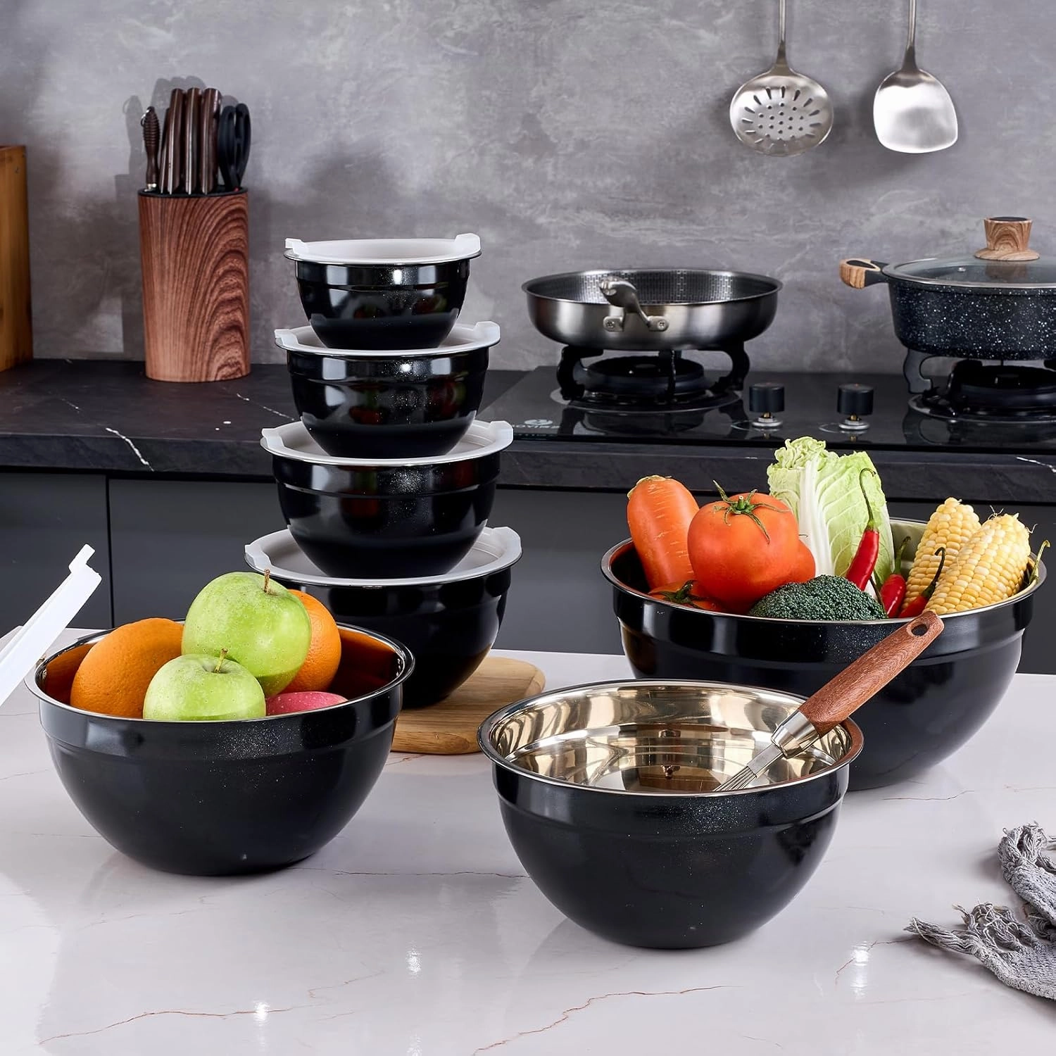 Black Mixing Bowls With Airtight Lids,Stainless Steel Bowl,Salad Bowls 7 Piece Colorful Nesting Bowl Rainbow Kitchen Accessories,Size 7,3.6,2.7,2.1,1.5,1.1,0.8QT Stackable Design