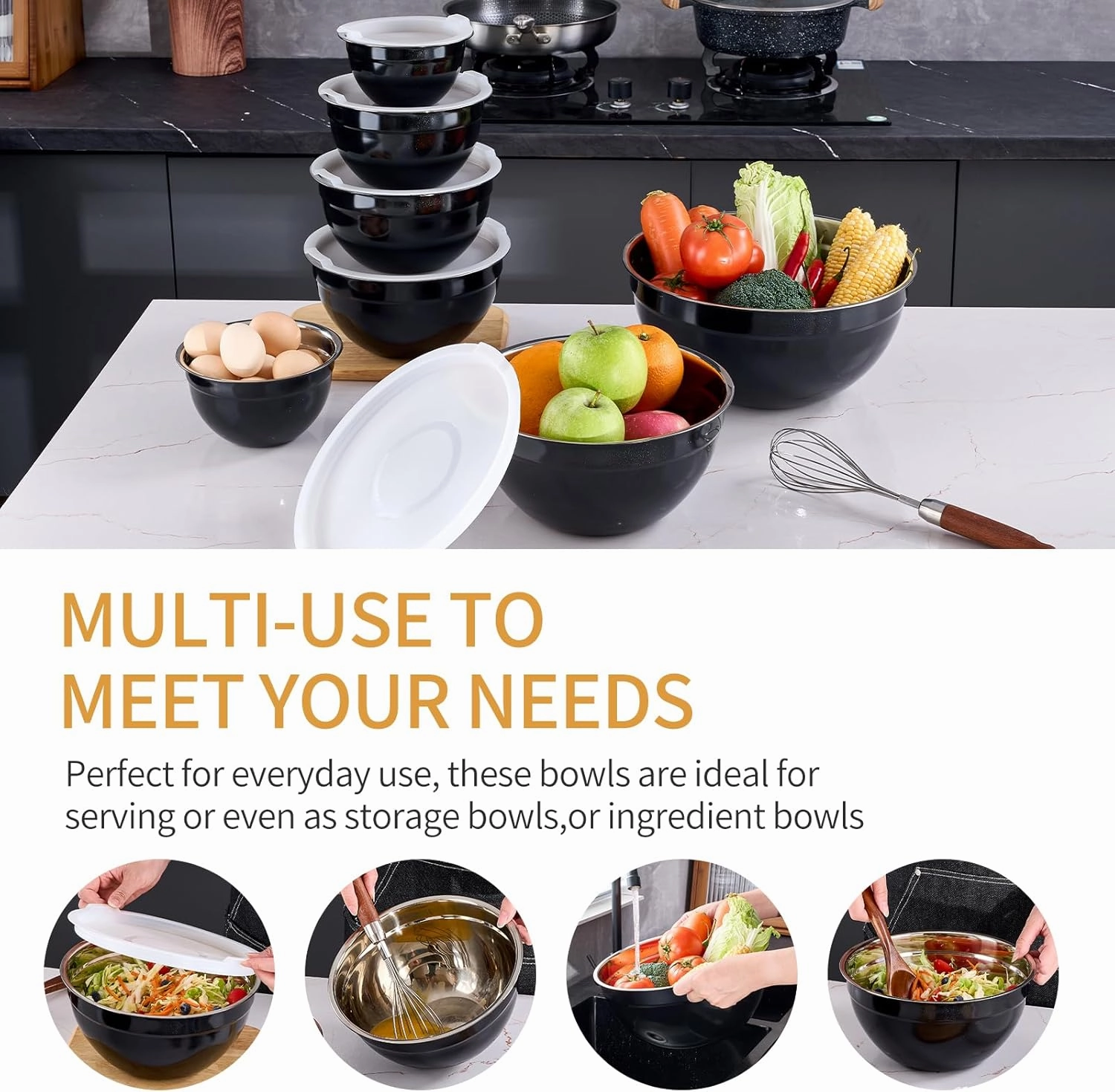 Black Mixing Bowls With Airtight Lids,Stainless Steel Bowl,Salad Bowls 7 Piece Colorful Nesting Bowl Rainbow Kitchen Accessories,Size 7,3.6,2.7,2.1,1.5,1.1,0.8QT Stackable Design