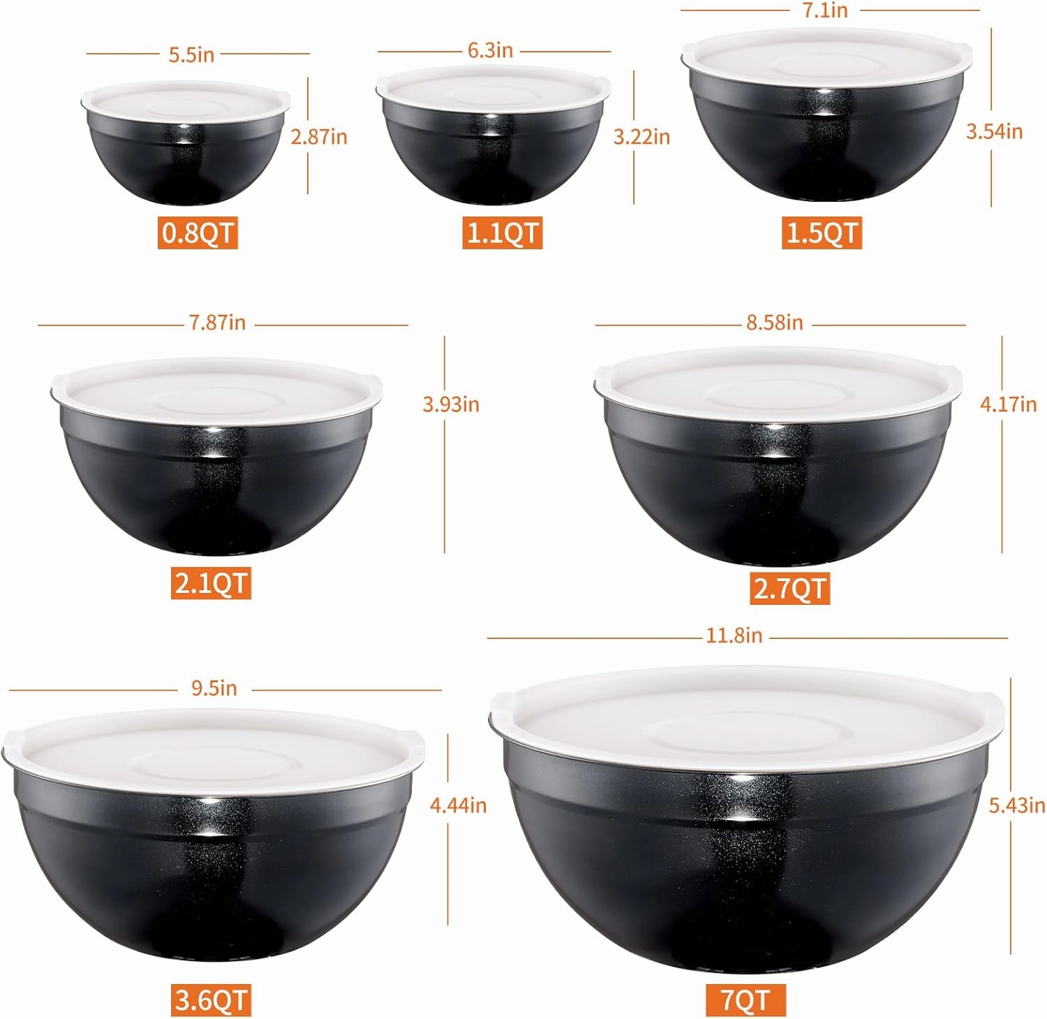 Black Mixing Bowls With Airtight Lids,Stainless Steel Bowl,Salad Bowls 7 Piece Colorful Nesting Bowl Rainbow Kitchen Accessories,Size 7,3.6,2.7,2.1,1.5,1.1,0.8QT Stackable Design