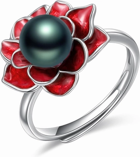 Black Pearl Ring for Women 925 Sterling Silver Tahitian Pearl Flower Adjustable Ring Freshwater Cultured Jewelry Gifts for Women