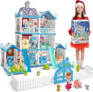 Blue Dolls Houses for Girls with Light, 1 Dolls, 2 Pets, 2 Floors - 8 Rooms, 215 PCS Ice Dream Girls House Pretend Play Toy Set of Furniture & Accessories, Birthday for 3  Year Old Girls
