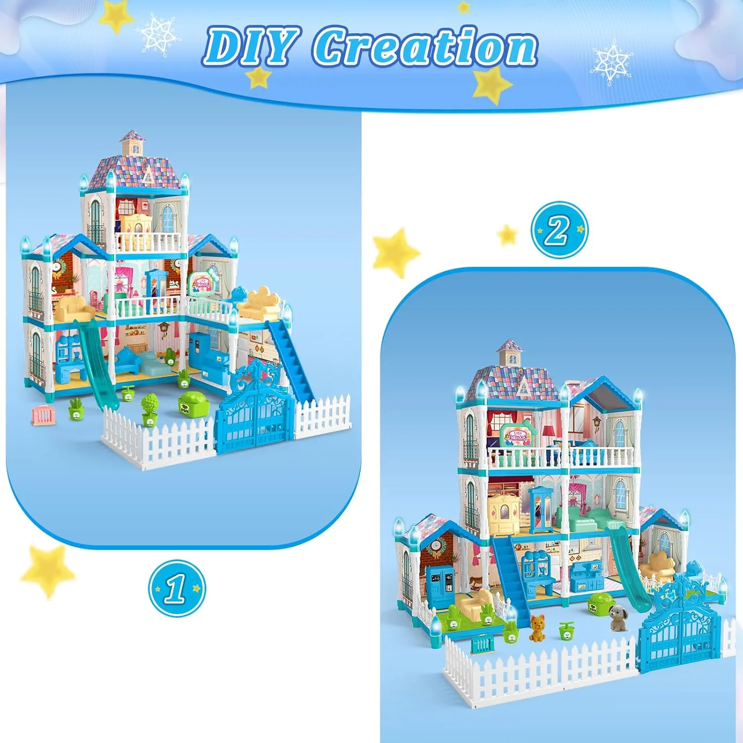Blue Dolls Houses for Girls with Light, 1 Dolls, 2 Pets, 2 Floors - 8 Rooms, 215 PCS Ice Dream Girls House Pretend Play Toy Set of Furniture & Accessories, Birthday for 3  Year Old Girls