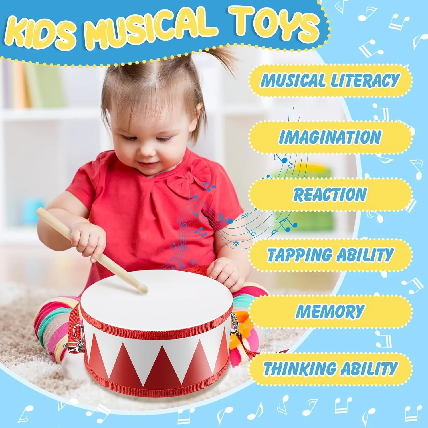 Boao 4 Pcs Drum Set for Kids Toy Drum 8 Inch Wooden Drum with Adjustable Strap and Drumsticks Educational Musical Instrument Toys for Girls Boys Birthday Gift (Flag), BOAO-PERCUSSION-0116