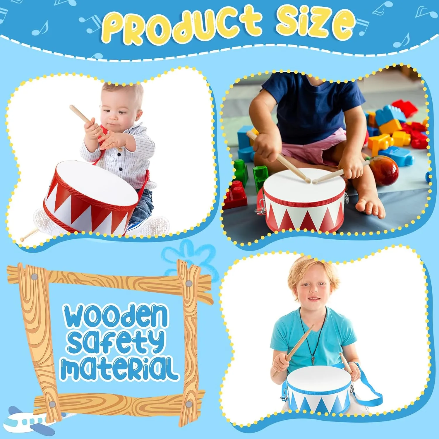 Boao 4 Pcs Drum Set for Kids Toy Drum 8 Inch Wooden Drum with Adjustable Strap and Drumsticks Educational Musical Instrument Toys for Girls Boys Birthday Gift (Flag), BOAO-PERCUSSION-0116