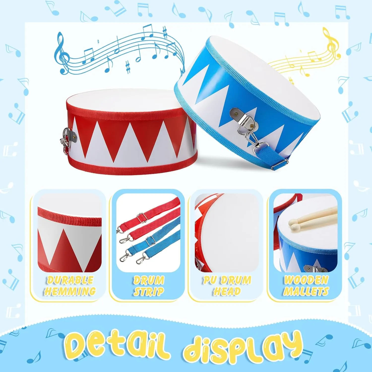 Boao 4 Pcs Drum Set for Kids Toy Drum 8 Inch Wooden Drum with Adjustable Strap and Drumsticks Educational Musical Instrument Toys for Girls Boys Birthday Gift (Flag), BOAO-PERCUSSION-0116
