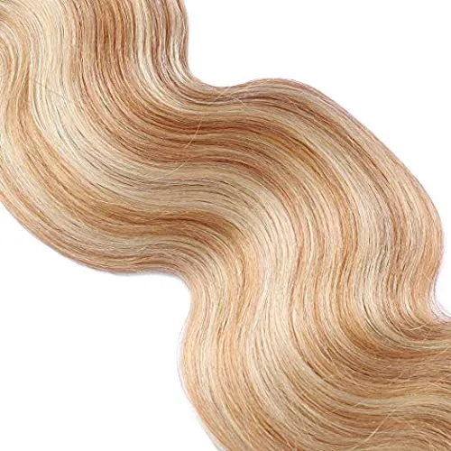 Body Wave Tape in Hair Extensions 20inches Highlights #27 Strawberry Blonde with #613 Blonde Mixed Color 50g 20pcs Remy Seamless Skin Wefts Human hair Glue in Extensions(#27/613)