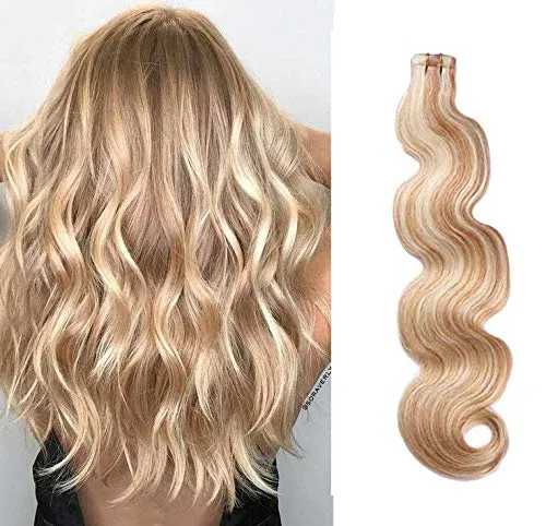Body Wave Tape in Hair Extensions 20inches Highlights #27 Strawberry Blonde with #613 Blonde Mixed Color 50g 20pcs Remy Seamless Skin Wefts Human hair Glue in Extensions(#27/613)