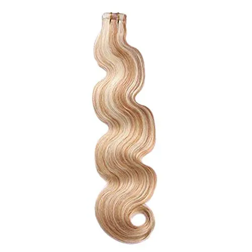 Body Wave Tape in Hair Extensions 20inches Highlights #27 Strawberry Blonde with #613 Blonde Mixed Color 50g 20pcs Remy Seamless Skin Wefts Human hair Glue in Extensions(#27/613)