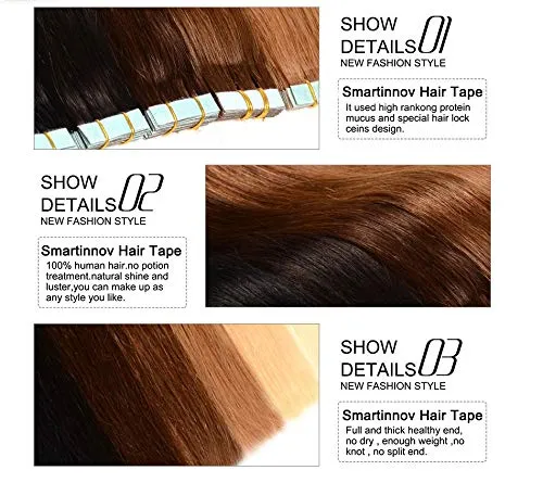 Body Wave Tape in Hair Extensions 20inches Highlights #27 Strawberry Blonde with #613 Blonde Mixed Color 50g 20pcs Remy Seamless Skin Wefts Human hair Glue in Extensions(#27/613)