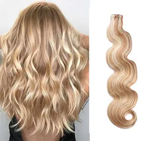 Body Wave Tape in Hair Extensions 20inches Highlights #27 Strawberry Blonde with #613 Blonde Mixed Color 50g 20pcs Remy Seamless Skin Wefts Human hair Glue in Extensions(#27/613)