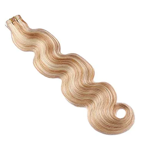 Body Wave Tape in Hair Extensions 20inches Highlights #27 Strawberry Blonde with #613 Blonde Mixed Color 50g 20pcs Remy Seamless Skin Wefts Human hair Glue in Extensions(#27/613)