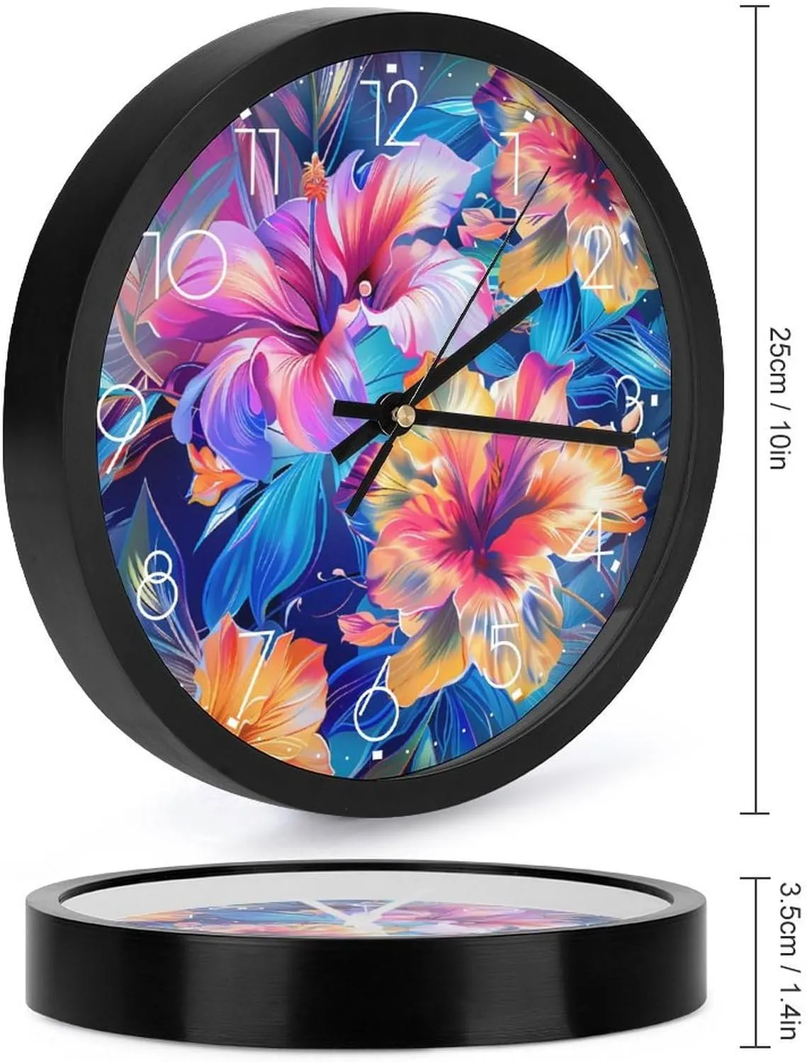 Boho Hibiscus Flowers Blossom Wall Clock 10 Inch Silent Non-ticking Battery Operated Decorative Clock for Kitchen Bedroom