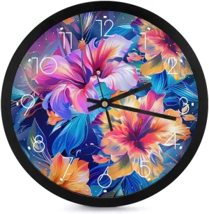 Boho Hibiscus Flowers Blossom Wall Clock 10 Inch Silent Non-ticking Battery Operated Decorative Clock for Kitchen Bedroom