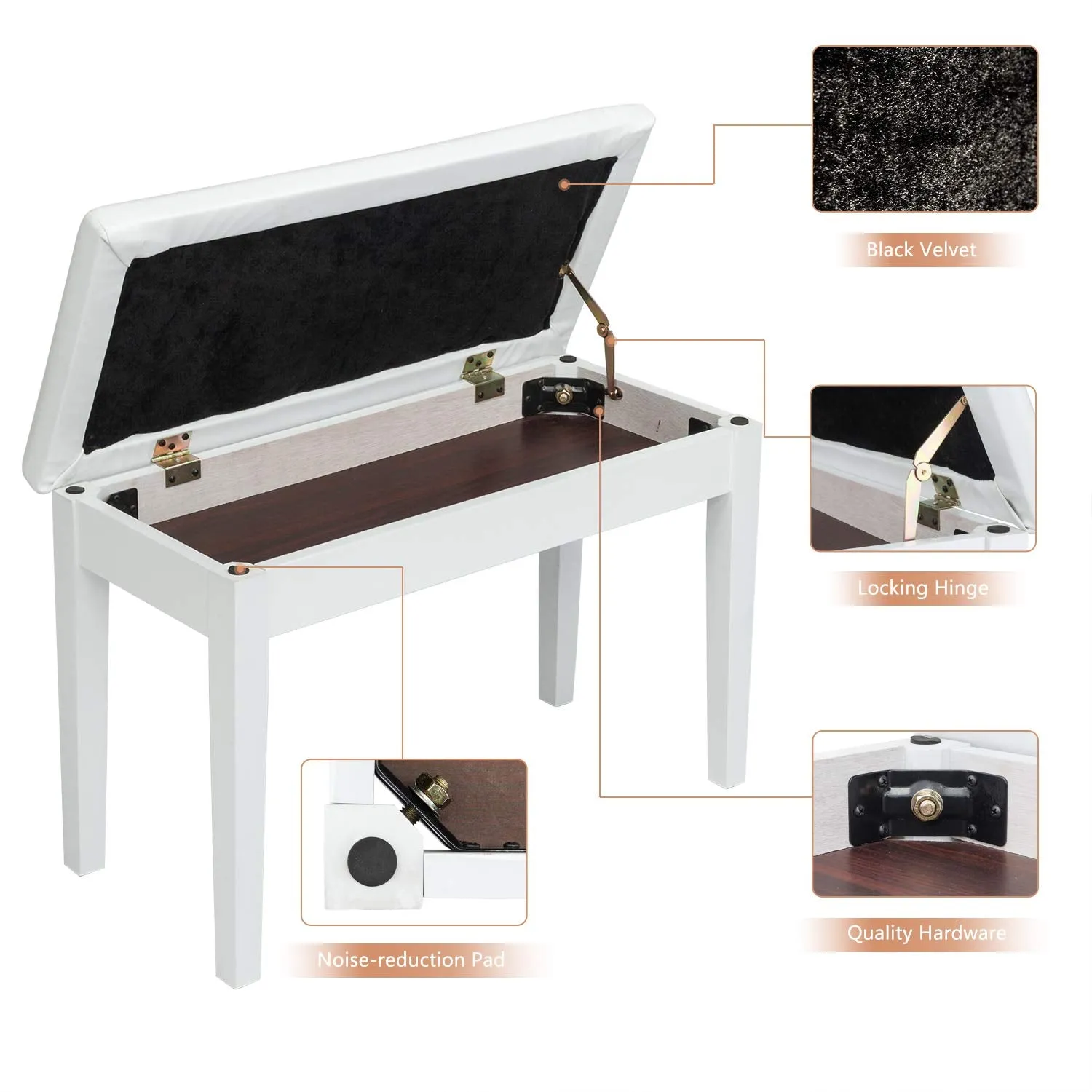 Bonnlo White Duet Piano Bench Wooden Keyboard Bench with Storage and Padded Cushion