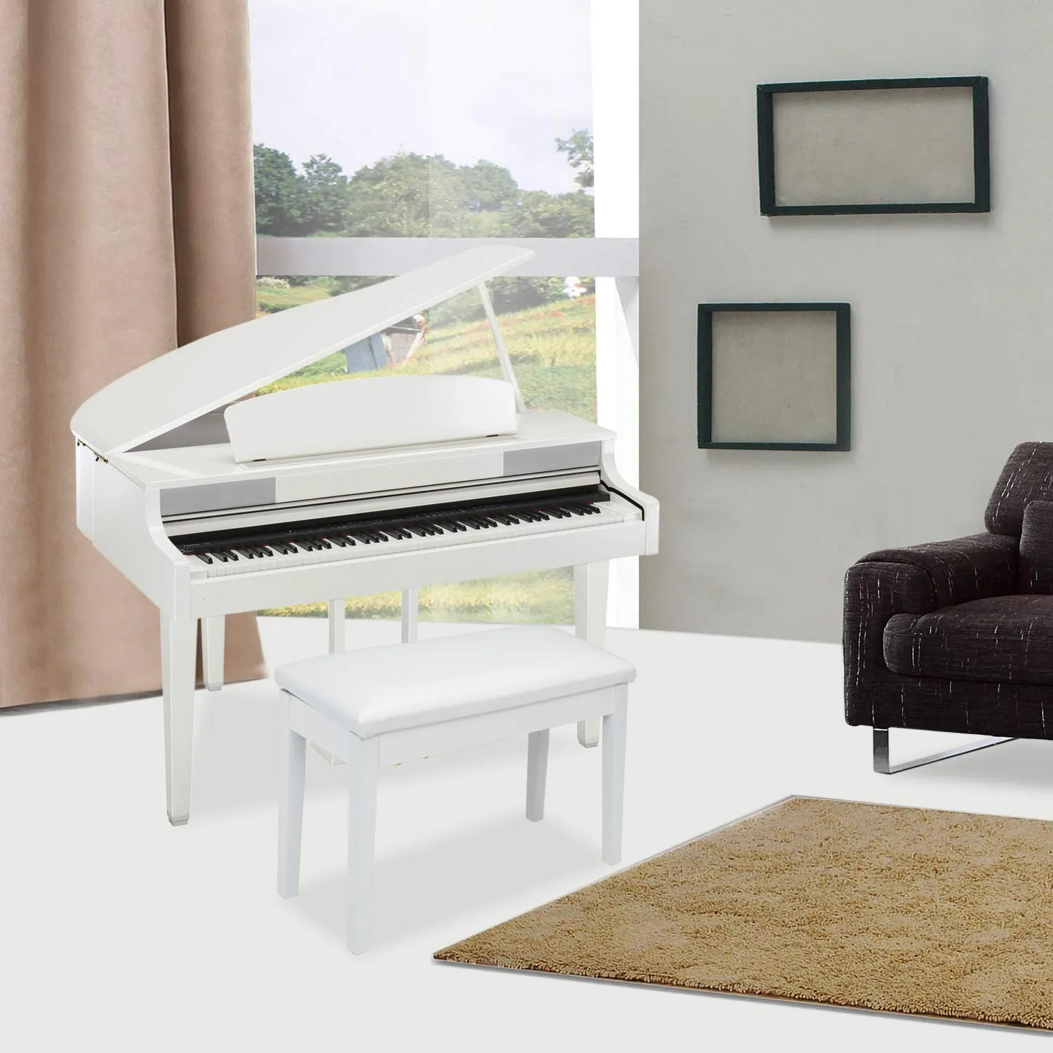 Bonnlo White Duet Piano Bench Wooden Keyboard Bench with Storage and Padded Cushion