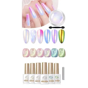 Born Pretty 6PCS Moonlight Holographic Auroas Spring Summer Cat Magnetic Eye Gel Nail Polish with 1 Box Auroras Nail Powder