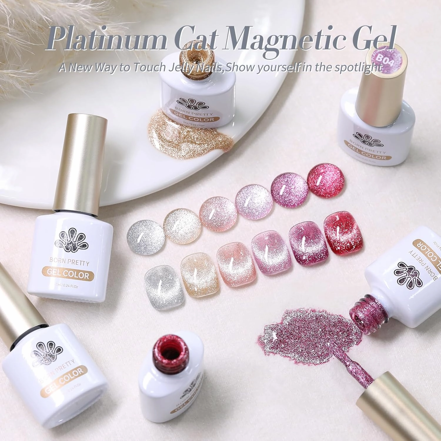 Born Pretty Magnetic Gel Polish Platinum Glitter Cat Magnetic Gel Nail Polish Silver Rose Gold Pink Red Purple Nail Salon DIY at Home