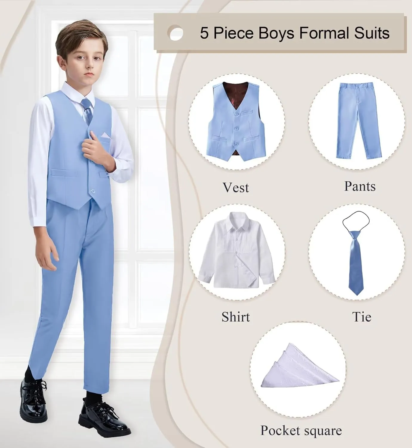 Boys Suit Formal Dress Pants Vest Suit Set for Boys Wedding Outfits with Dress Shirt Tie and Pocket Square