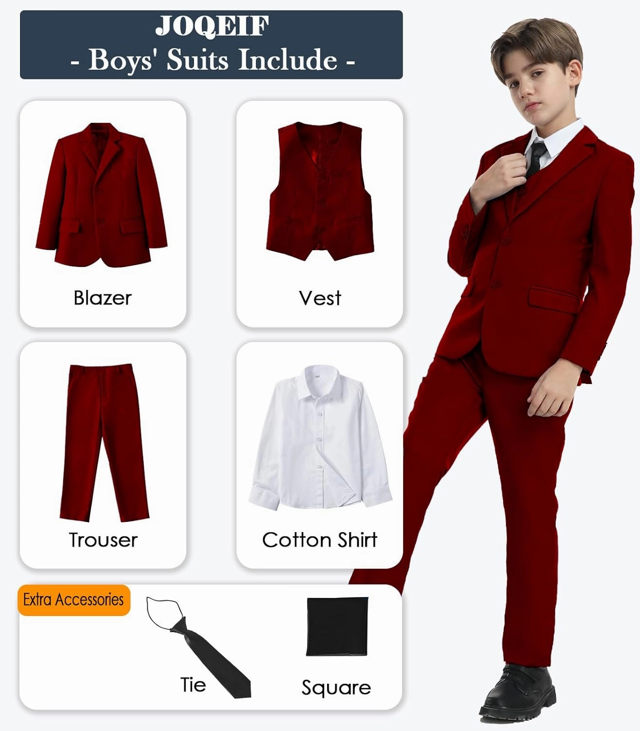 Boys Formal Suit Set with Dress Shirt Tie and Pocket Square, Adjustable Waist