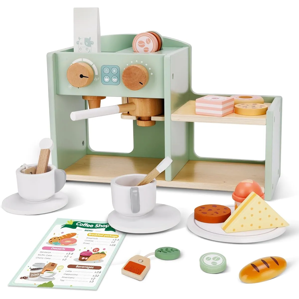 bpmfkid 2-in-1 Wooden Coffee Sales Desk Playset Coffee Maker Set with 24 Pans, Desserts, Coffee Maker Store, Stand, Toddler Play, Wooden Food Toy Accessories, Kitchen Food Set for Toddlers Ages 3 