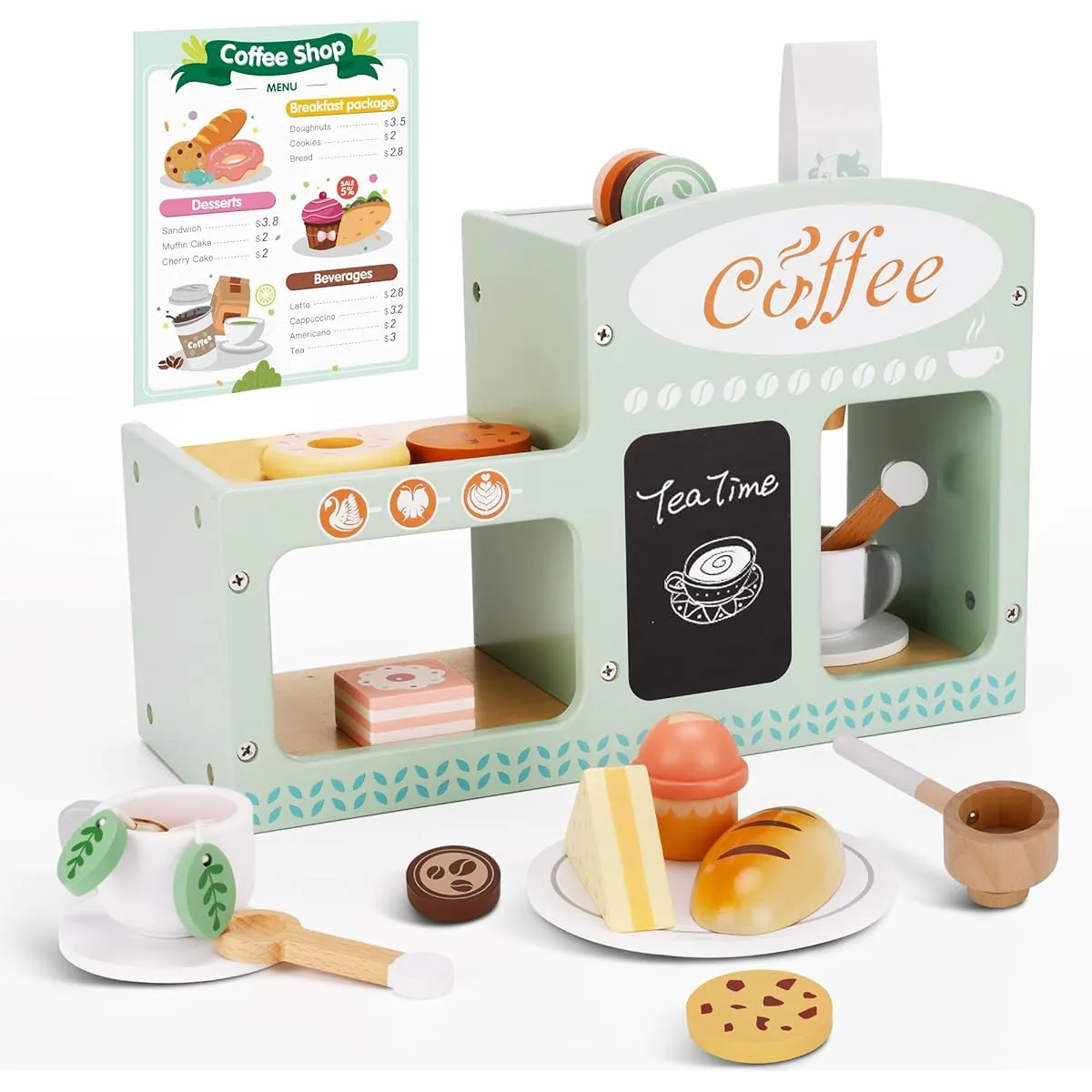 bpmfkid 2-in-1 Wooden Coffee Sales Desk Playset Coffee Maker Set with 24 Pans, Desserts, Coffee Maker Store, Stand, Toddler Play, Wooden Food Toy Accessories, Kitchen Food Set for Toddlers Ages 3 