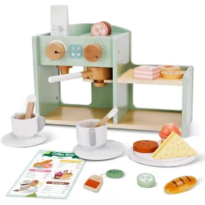 bpmfkid 2-in-1 Wooden Coffee Sales Desk Playset Coffee Maker Set with 24 Pans, Desserts, Coffee Maker Store, Stand, Toddler Play, Wooden Food Toy Accessories, Kitchen Food Set for Toddlers Ages 3 