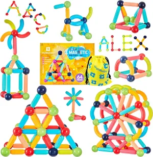 BrainSpark 64PCS DigitBuilders, Fun & Educational Magnetic Building Sticks and Balls for Kids STEM Learning, Montessori Preschool Toys