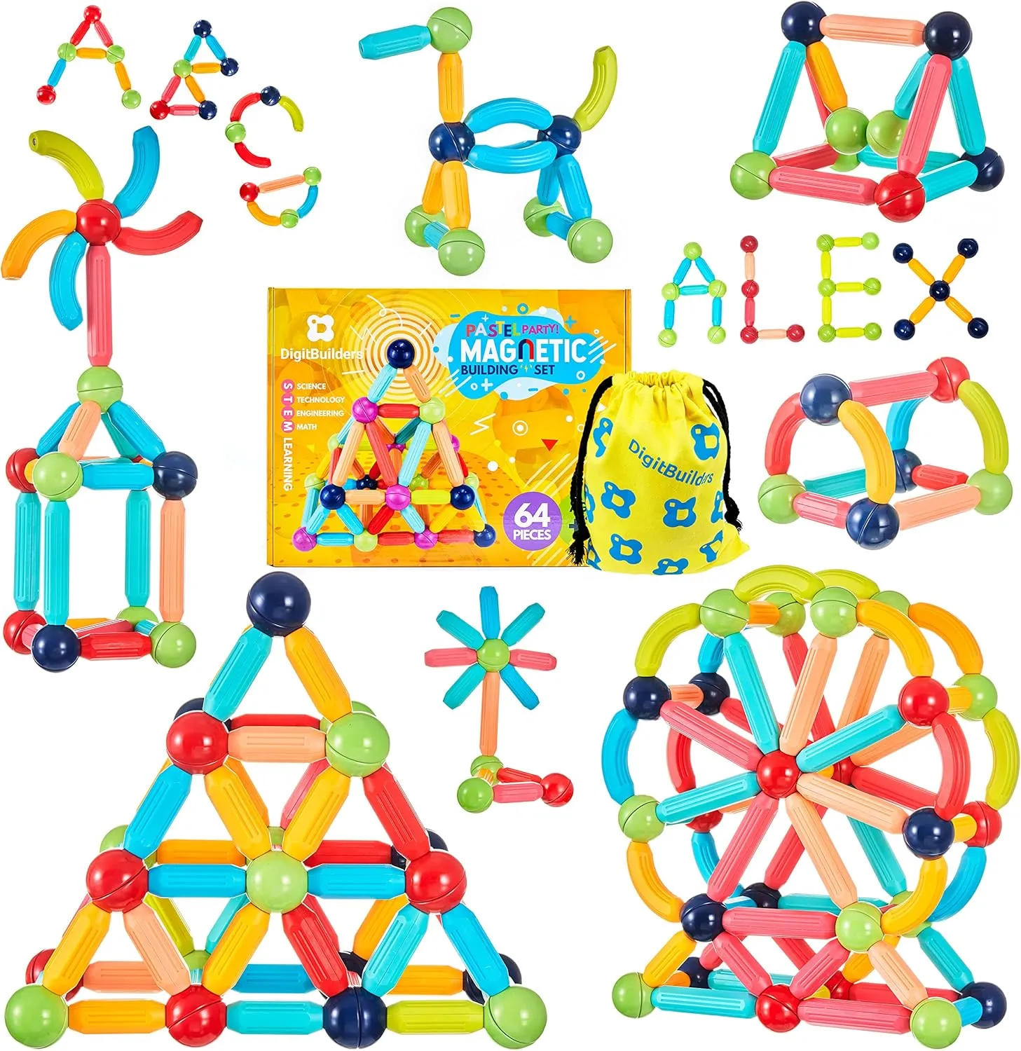 BrainSpark 64PCS DigitBuilders, Fun & Educational Magnetic Building Sticks and Balls for Kids STEM Learning, Montessori Preschool Toys