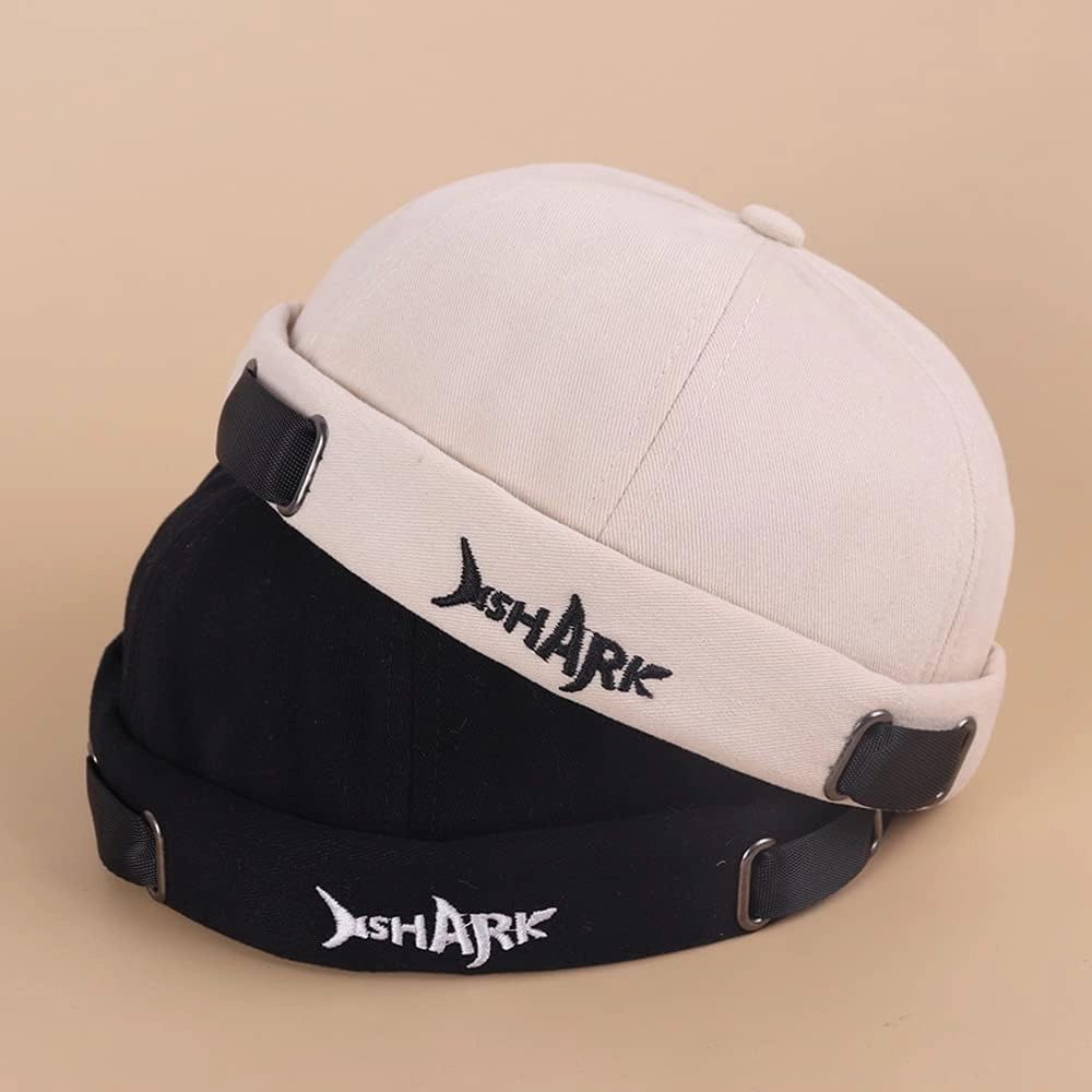 Brimless Docker Leon Hat Rolled Cuff Harbour Shark Embroidery Skull Docker Beanie Cap for Men & Women