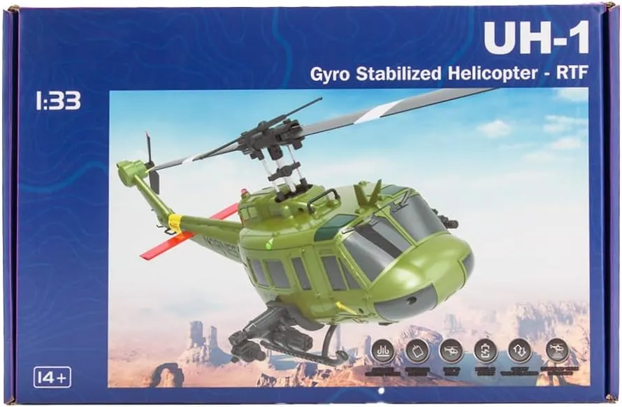 C032 1/48 Scale UH-1 Huey Flybarless RC Helicopter Model, 2.4G 6CH, Gyro RC Stabilized Aircraft with Altitude Hold & 6 Axis Gyro Stabilized (RTF Version/Army Green)