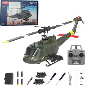 C032 1/48 Scale UH-1 Huey Flybarless RC Helicopter Model, 2.4G 6CH, Gyro RC Stabilized Aircraft with Altitude Hold & 6 Axis Gyro Stabilized (RTF Version/Army Green)