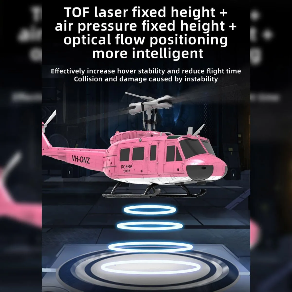C032 1/48 Scale UH-1 Huey Flybarless RC Helicopter Model, 2.4G 6CH, Gyro RC Stabilized Aircraft with Altitude Hold & 6 Axis Gyro Stabilized (RTF Version/Pink)