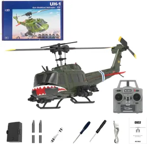 C032 1/48 UH-1 RC Helicopter, 2.4G 6CH Flybarless Aileronless Military Remote Control Helicopter, Optical Flow Positioning Inverted Flight Stunt RC Aircraft Toy Gift -RTF