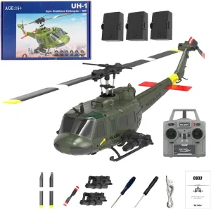 C032 RC Helicopter for Adults, UH-1 Huey Helicopter 2.4G 6CH Gyro Stabilized Remote Control Aircraft with Altitude Hold & Optical Flow, One-Key Takeoff/Landing (Green (3 Batteries))
