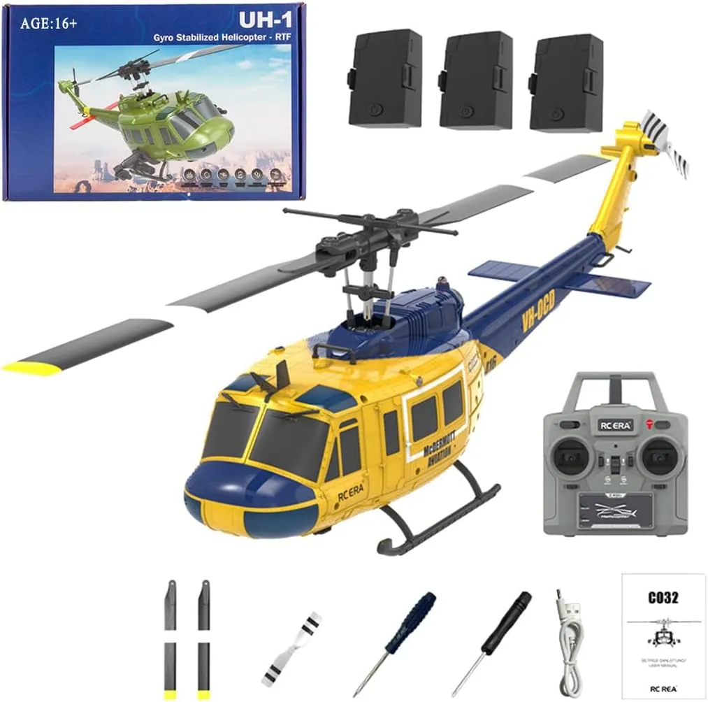 C032 RC Helicopter for Adults, UH-1 Huey Helicopter 2.4G 6CH Gyro Stabilized Remote Control Aircraft with Altitude Hold & Optical Flow, One-Key Takeoff/Landing (Yellow-Blue(3 Batteries))
