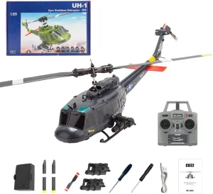 C032 UH-1 Huey RC Helicopter, 1/48 Scale Flybarless Stunt Model, Optical Flow Positioning, Inverted Flight and 2.4G 6CH Control, RTF Version, Dark Blue