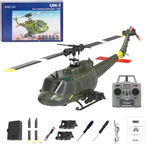 C032 UH-1 Huey RC Helicopter for Adults, 1/48 Scale 2.4G 6CH, Flybarless Remote Control Helicopter, 6-Axis Gyro Aircraft Model, 3D Stunt Flight & High-Precision RC Airplane (Green)