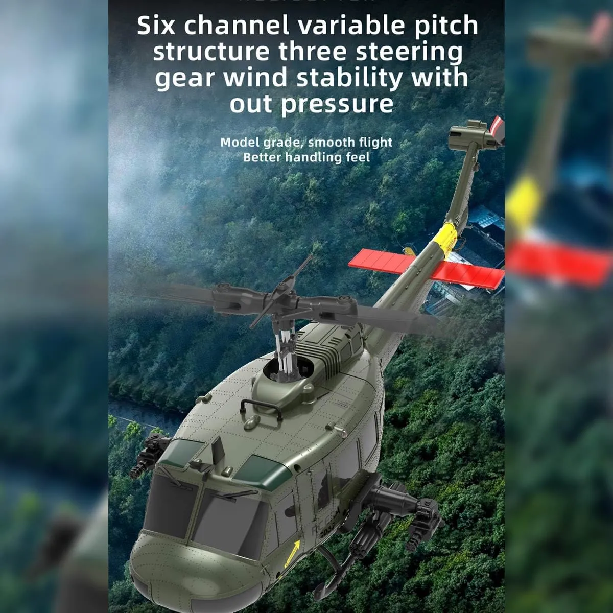 C032 UH-1 Huey RC Helicopter for Adults - 1/48 Scale 2.4G 6CH Flybarless Remote Control Helicopter Model, 3D Stunt Flight & High-Precision RC Airplane (Green (2 Batteries))