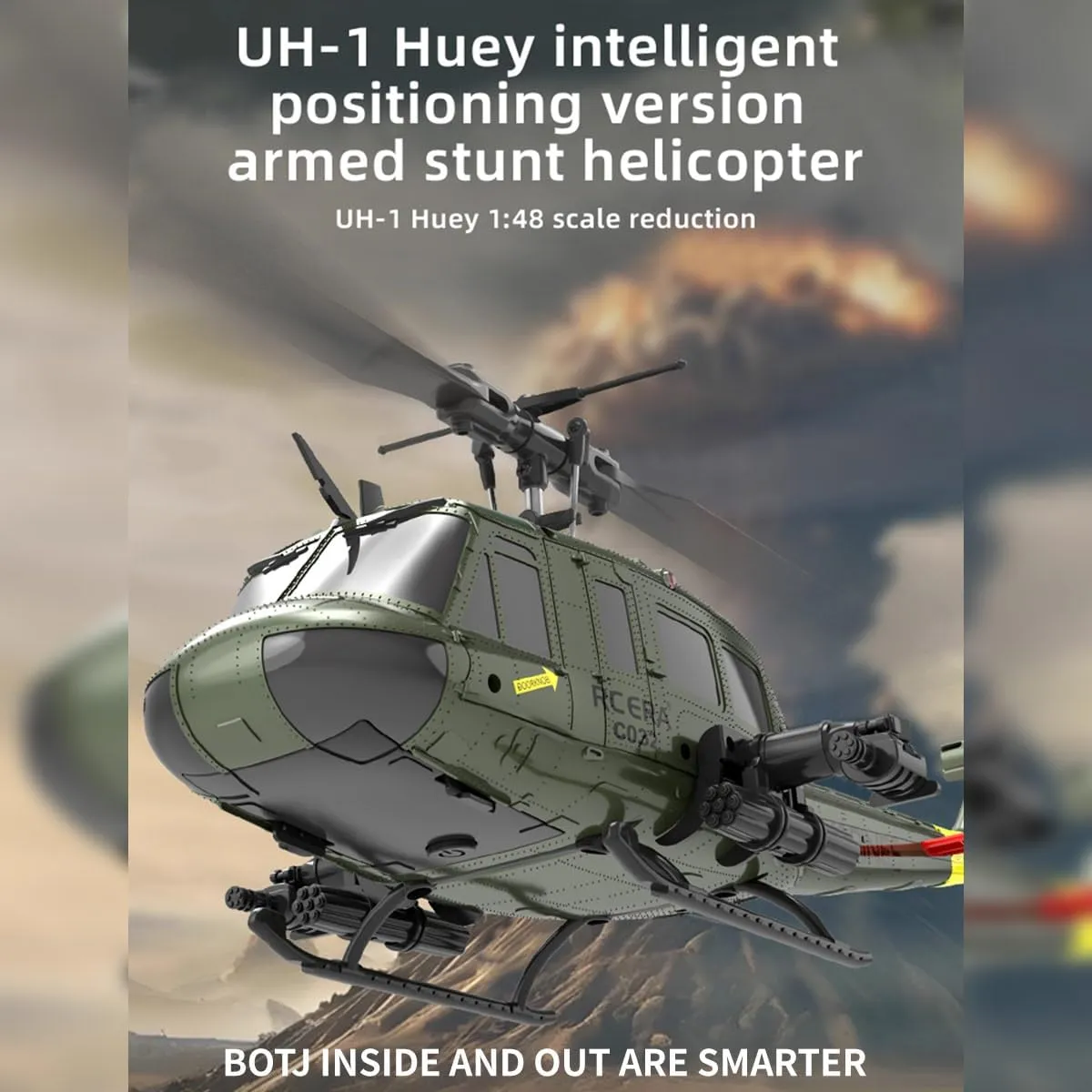 C032 UH-1 Huey RC Helicopter for Adults - 1/48 Scale 2.4G 6CH Flybarless Remote Control Helicopter Model, 3D Stunt Flight & High-Precision RC Airplane (Green (2 Batteries))