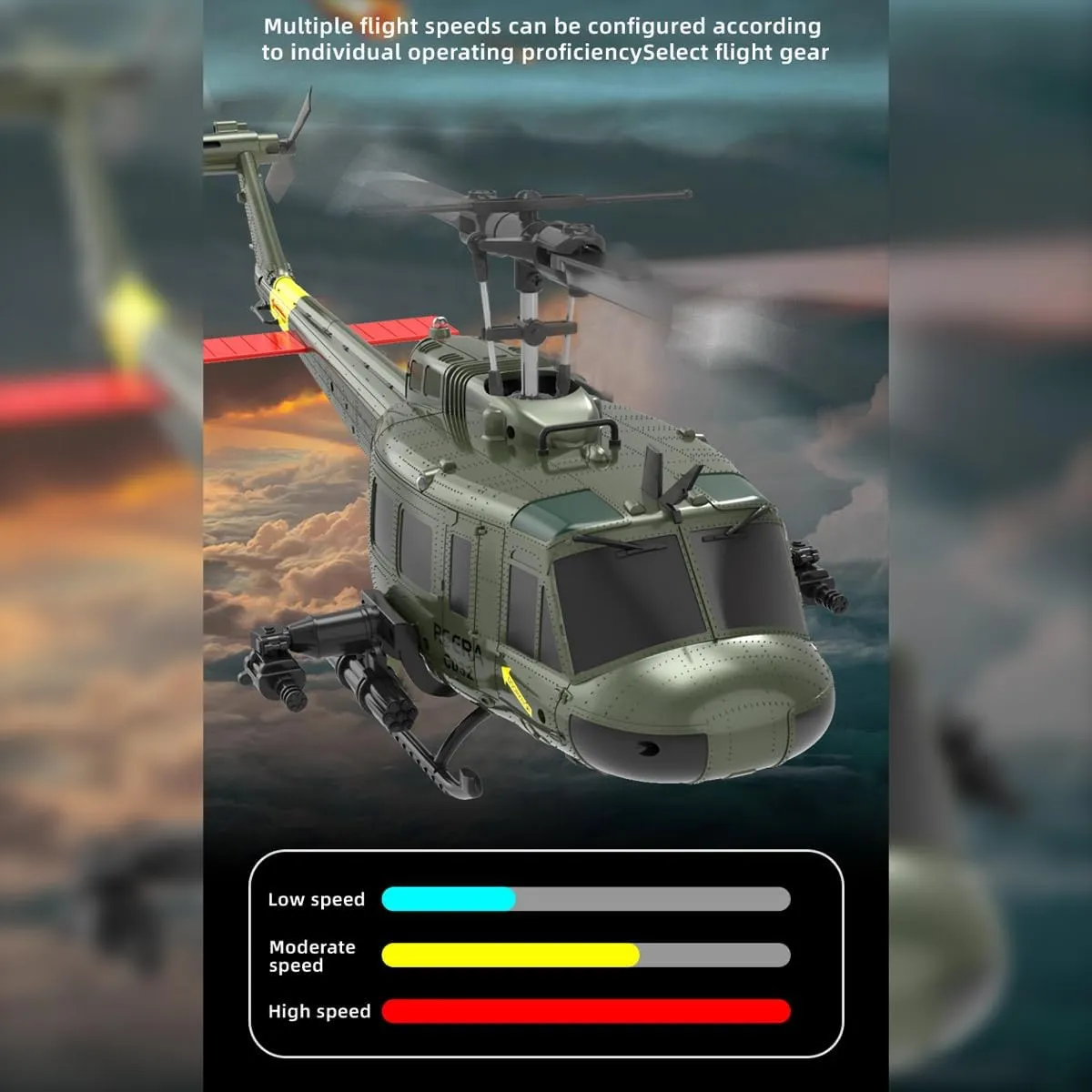 C032 UH-1 Huey RC Helicopter for Adults - 1/48 Scale 2.4G 6CH Flybarless Remote Control Helicopter Model, 3D Stunt Flight & High-Precision RC Airplane (Green (2 Batteries))