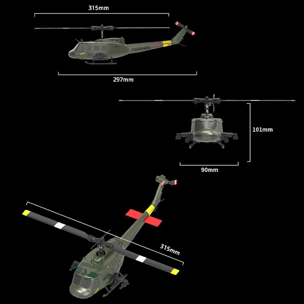 C032 UH-1 Huey RC Helicopter for Adults, 1/48 Scale 2.4G 6CH Flybarless Stunt RC Plane 6-Axis Gyroscope Optical Flow Positioning, TOF Lidar Height Setting for Beginners (Dark Blue(3 Batteries))