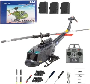 C032 UH-1 Huey RC Helicopter for Adults, 1/48 Scale 2.4G 6CH Flybarless Stunt RC Plane 6-Axis Gyroscope Optical Flow Positioning, TOF Lidar Height Setting for Beginners (Dark Blue(3 Batteries))