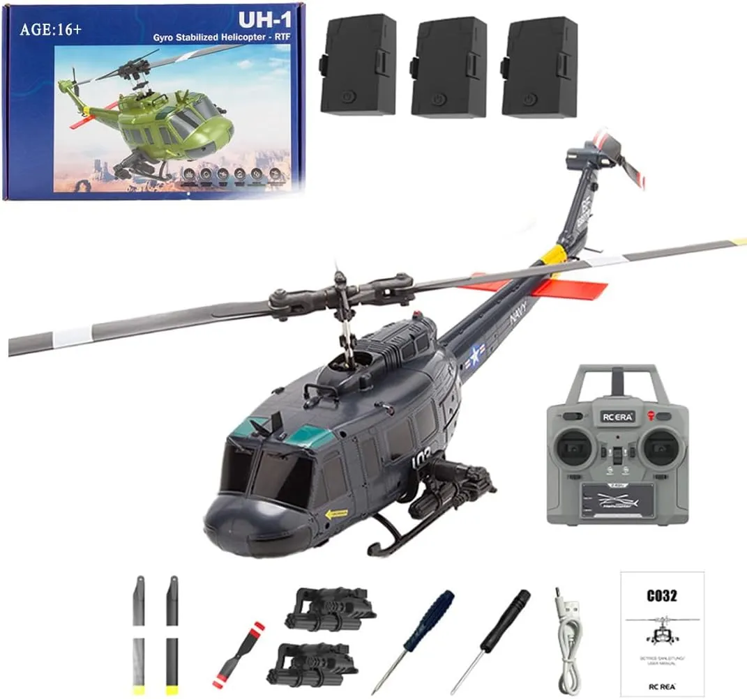 C032 UH-1 Huey RC Helicopter for Adults, 1/48 Scale 2.4G 6CH Flybarless Stunt RC Plane 6-Axis Gyroscope Optical Flow Positioning, TOF Lidar Height Setting for Beginners (Dark Blue(3 Batteries))