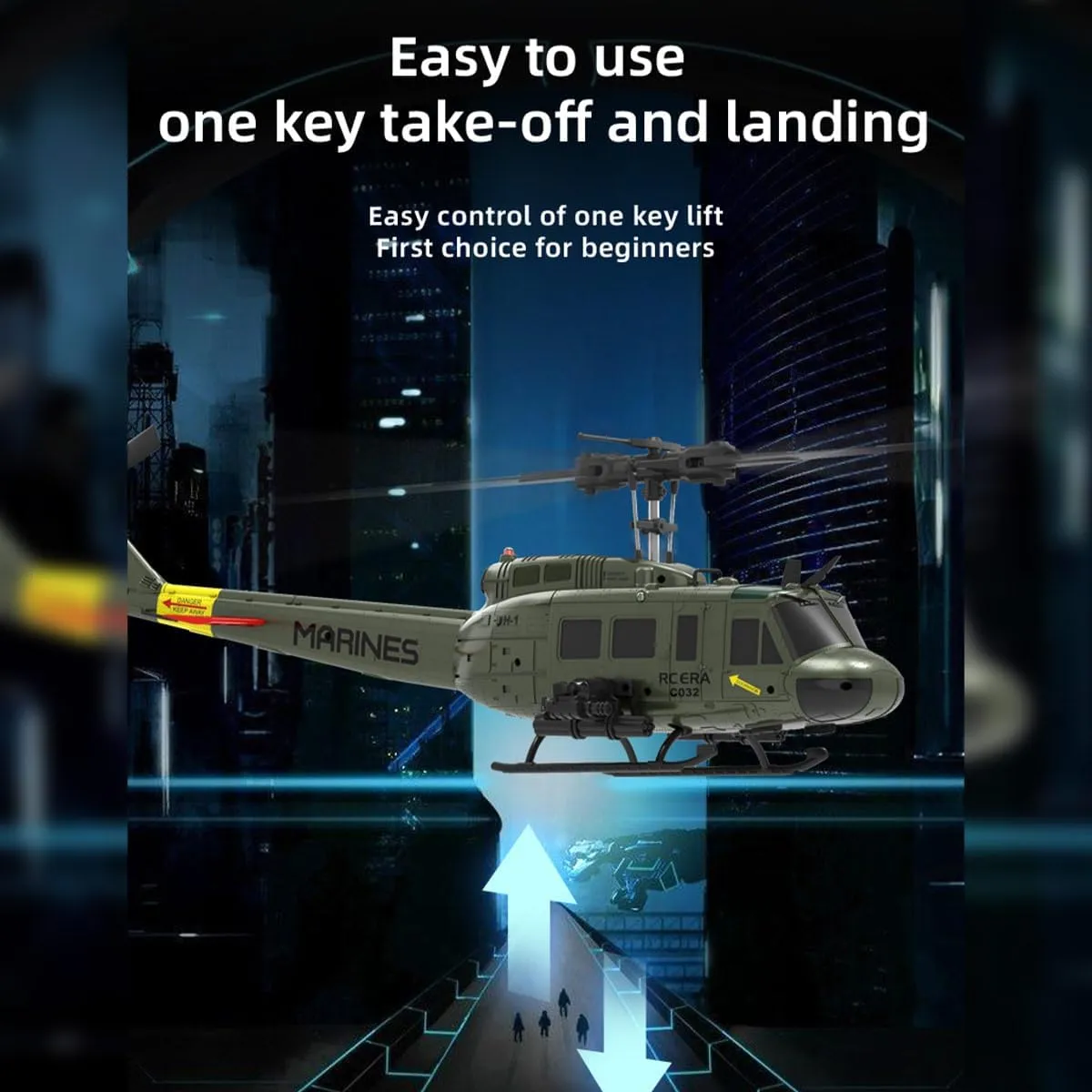 C032 UH-1 Huey RC Helicopter for Adults, 1/48 Scale 2.4G 6CH Flybarless Stunt RC Plane 6-Axis Gyroscope Optical Flow Positioning, TOF Lidar Height Setting for Beginners (Dark Blue(3 Batteries))