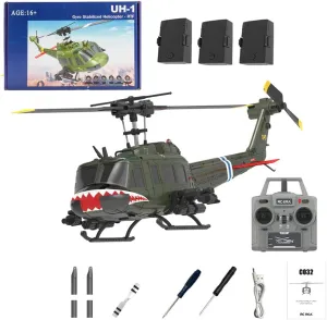 C032 UH-1 Huey RC Helicopter for Adults, 1/48 Scale 2.4G 6CH Flybarless Stunt RC Plane 6-Axis Gyroscope Optical Flow Positioning, TOF Lidar Height Setting for Beginners (Shark Mouth(3 Batteries))