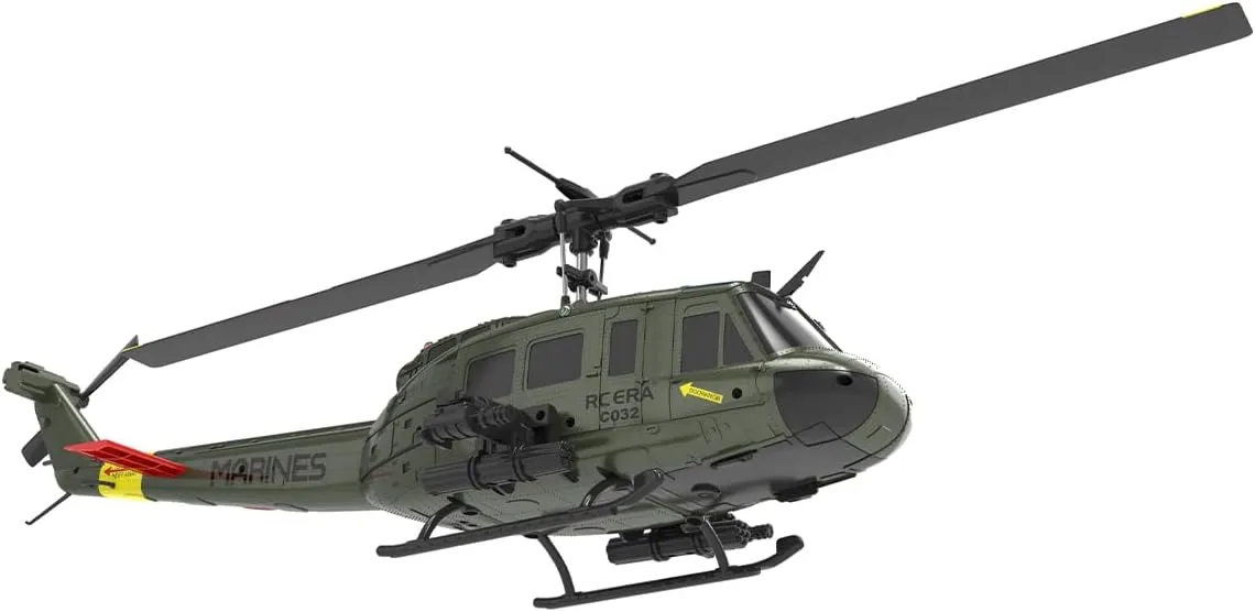 C032 UH-1 Huey Remote Control Helicopter, 1/48 Scale Flybarless RC Helicopter for Adults, with Optical Flow Positioning, Upgraded Armament Attachments (RTF Version)