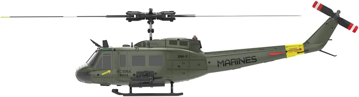 C032 UH-1 Huey Remote Control Helicopter, 1/48 Scale Flybarless RC Helicopter for Adults, with Optical Flow Positioning, Upgraded Armament Attachments (RTF Version)